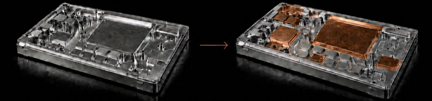 Side-by-side aluminum housing and the same housing with strategically placed copper regions