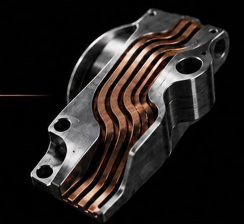 Rendering of the finished component with copper heat paths integrated into aluminum