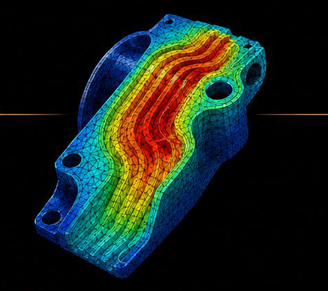 Illustrative FEM mesh and thermal map of the same component, showing its heat paths